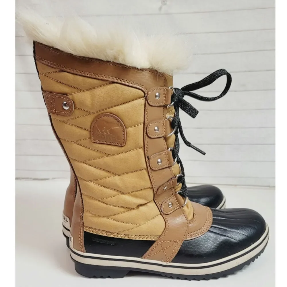 Sorel Tofino II Lace Up Snow Boot in Elk Curry w Faux Fur Trim, sz 7